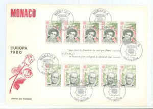 Monaco 1228a 1980 Europa, Famous Personalities, Colette, Pagnol Souv. Sheet / Two Strips of 5 Stamps on an Oversized, Cacheted,