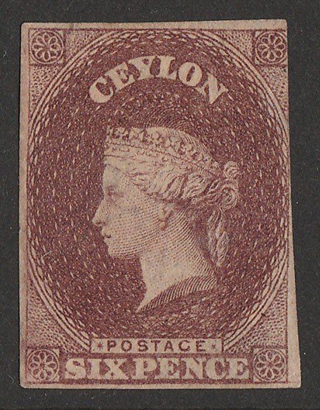 CEYLON : 1857 QV 6d brown, imperf white paper, wmk Star. with CERTIFICATE.