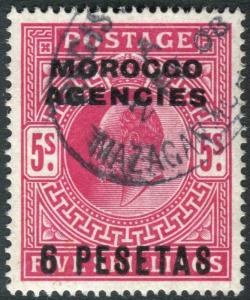 MOROCCO AGENCIES-1907-12 6p on 5/- Bright Carmine.  A fine used example Sg 122