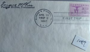 SCOTT #1089 POSTAL HISTORY TRIP 5 FIRST TRIP CANCEL ARCHITECTS ISSUE POSTMASTER