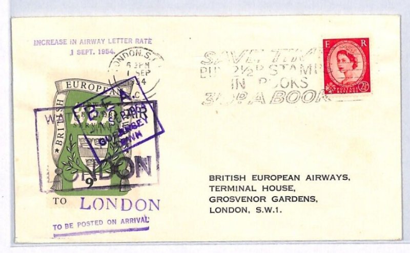 GB QEII Channel Islands *GUERNSEY TOWN* Air Mail Cover 9d BEA London 1954 YW68