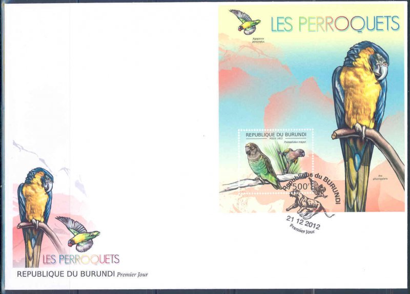 BURUNDI  2012 PARROTS  SOUVENIR SHEET FIRST DAY COVER