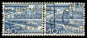 SWITZERLAND Sc 336 Pair VF/USED - 1949 40¢ Basel Harbor-Great Geneva Slogan Canc