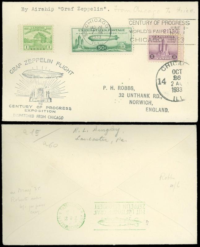 10/26/33 Chicago IL, GRAF ZEPPELIN COVER, CENTURY of PROGRESS - ENGLAND, SC #C18