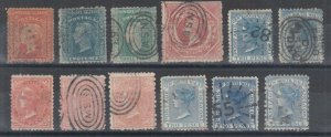 New South Wales Sc 35/53d used. 1856-74 issues 12 different, sound, F-VF.