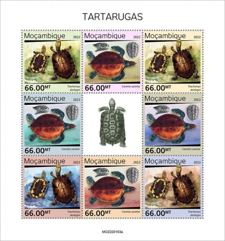 Mozambique - 2022 Turtles, Slider, Loggerhead - 8 Stamp Sheet - MOZ220103a