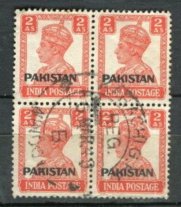 PAKISTAN; 1947 early GVI OPtd issue fine used 2a. Block of 4