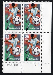 SC# 2834 - (29c) - World Cup Soccer, Kicking, MNH Plate Block/4 - LR # S1111