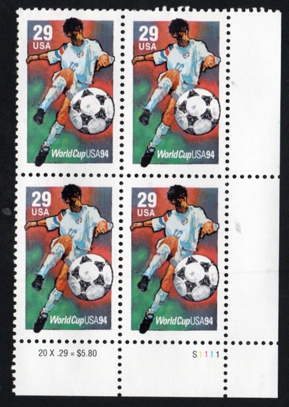 SC# 2834 - (29c) - World Cup Soccer, Kicking, MNH Plate Block/4 - LR # S1111