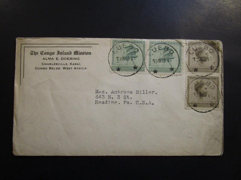 Belgian Congo 1923 Cover to USA / Sm Top Tear Between Stamps - Z6428