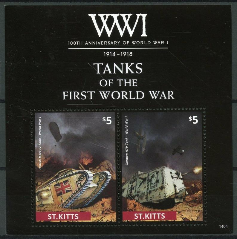 St Kitts Stamps 2014 MNH WWI WW1 100th Anniv First World War I Tanks 2v S/S