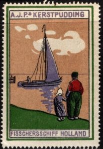 Vintage Netherlands Poster Stamp A.J.P. Pudding Factory Fishing Ship Holland