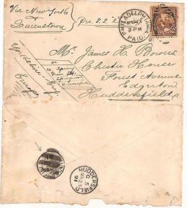 ZZ144 USA Cover 1891 Philadelphia Transatlantic HUDDERSFIELD Error CDS Yorks GB