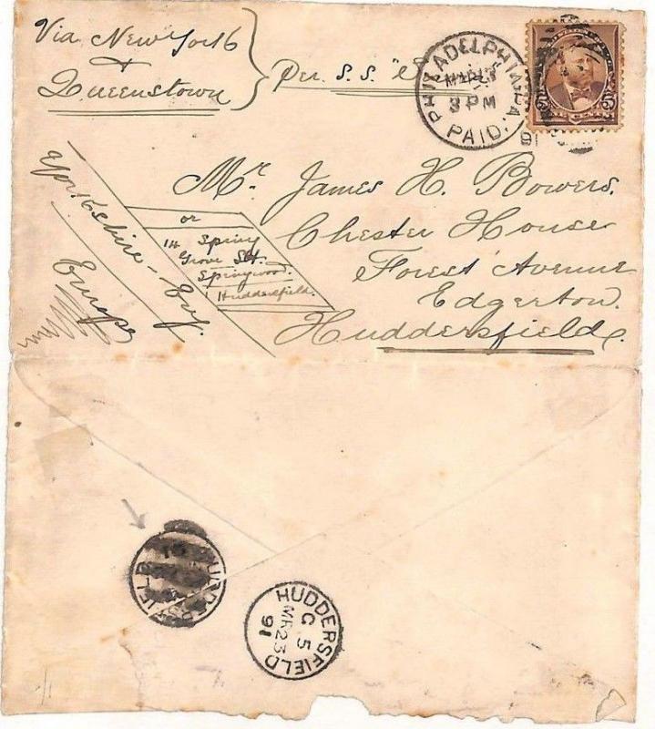 ZZ144 USA Cover 1891 Philadelphia Transatlantic HUDDERSFIELD Error CDS Yorks GB