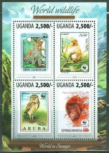 UGANDA 2013 STAMP ON STAMP MOTIF WORLD WILDLIFE FUND SHEET  MINT NH