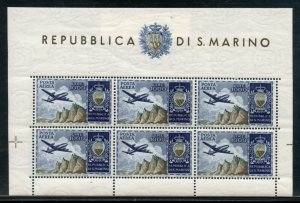 SAN MARINO SCOTT #C91a SASSONE #16  1954 AIRMAIL SHEET VF MINT NH-SCOTT $1250.00