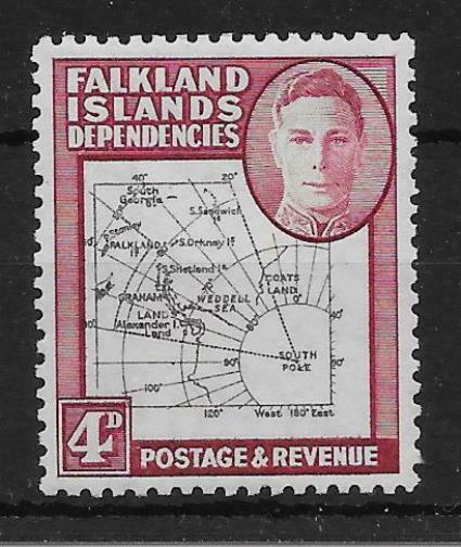 FALKLAND IS.DEP. SGG5c 1946 4d BLACK & CLARET SOUTH POKE VAR MTD MINT