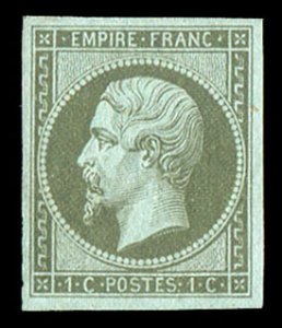 France, 1850-1900 #12 Cat$165, 1860 1fr olive green, hinged, signed Maury