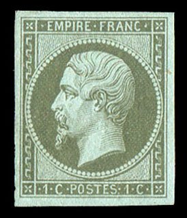 France, 1850-1900 #12 Cat$165, 1860 1fr olive green, hinged, signed Maury