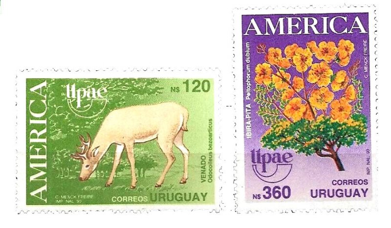 #5004A URUGUAY 1990 UPAEP AMERICA FAUNA FLOWERS Yv 1330-1  MNH