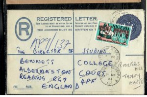 NIGERIA COVER(P1109B) 1984  27K+20K VACCINE PRODUCTION REG APAPA TO ENGLAND 