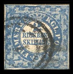 Denmark 1, $1,000, 1851 2rs blue, used, close but clear margins