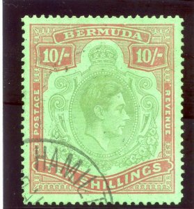 Bermuda 1942 KGVI 10s yellow-green & carmine/green (p14¼-O) VFU. SG 119b.