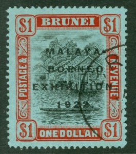 SG 59 Brunei 1922. $1 black & red/blue. Very fine used CAT £250