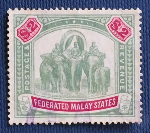 Malaya Federated Malay States FMS Elephants 1907 $2 MCCA Fine Used SG#49 M2818