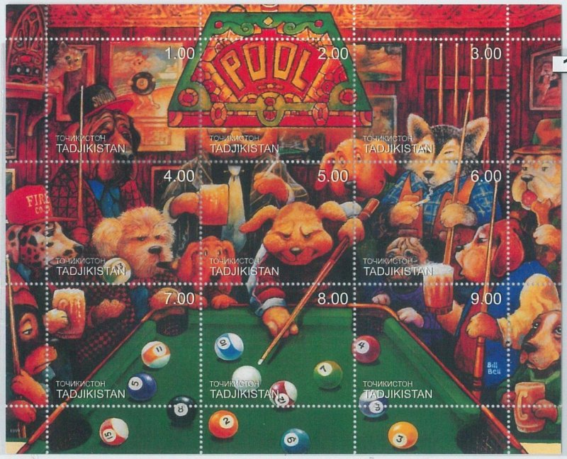 M1885 - TAJIKISTAN, MINIATURE SHEET: Dogs, Cats, Billiards, Pool