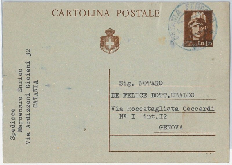 ITALIA REGNO:  storia postale - INTERO POSTALE con annullo CATANIA in BLU! 1945