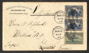 USA 230 & 232 STAMPS GOLDEN ROD SILK CO NEW JERSEY TO SWITZERLAND ADV COVER 1893