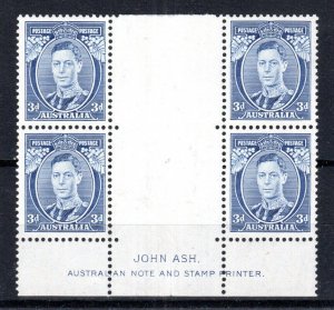 Australia 1937 3d KGVI Die 1a Ash imprint gutter block of 4 SG 168b MHN