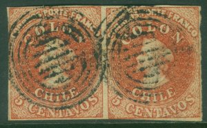 CHILE 1857 COLUMBUS - Estancos- 5c dull reddish brown Scott # 9c used VF/XF PAIR