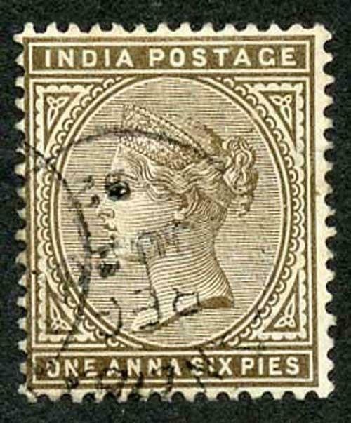 Zanzibar SGZ84 1882-90 India 1a 6p Sepia 20 July 92 with CDS (type Z6) Used