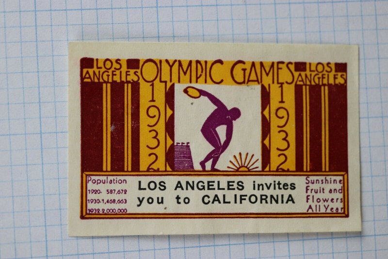 Olympic poster stamp 1932 Los Angeles CA tourism invitation ad seal invites you