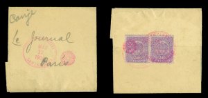 COLOMBIA 1904 Eagle 50c vio Sc# 155 PAIR on Sta.MARIA NEWSPAPER wrapper to PARIS