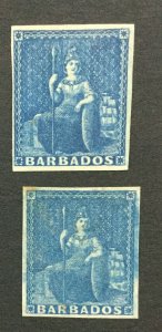 MOMEN: BARBADOS SG #3-4 1852-5 BLUE PAPER MINT OG H LOT #192547-1207