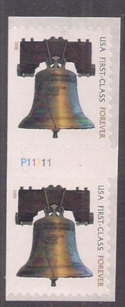 US: LIBERTY BELL #4437 pair w pl # P11111 from booklet Mint NH gutter