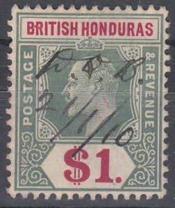 1907 BRITISH HONDURAS KEVII $1 GREY GREEN & CARMINE (SG# 91) USED VF