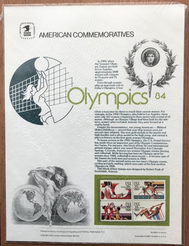 US CP196 Commemorative Panel Block of 4 #C112a Olympics ‘84 SCV $8.00 L34
