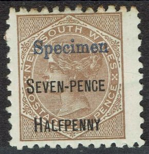 NEW SOUTH WALES 1891 QV SEVEN PENCE HALFPENNY ON 6D SPECIMEN 