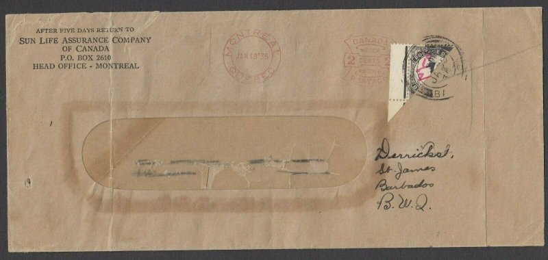 Barbados SG D2a var, 1935 diagonal bisect w/ 1/2d ms value on cover, w/ BPA cert