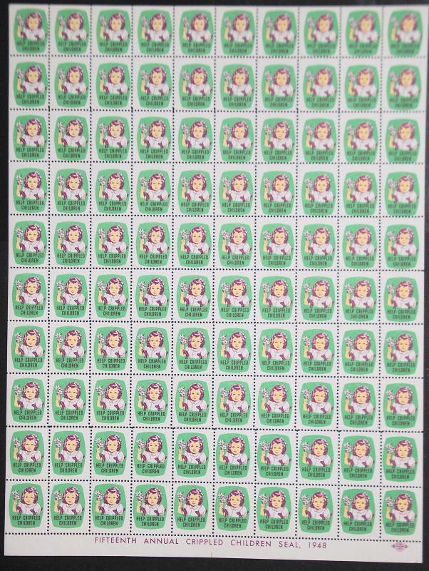 1948 Easter Seals Crippled Children Label, Cinderella Stamp Full Sheet of 100