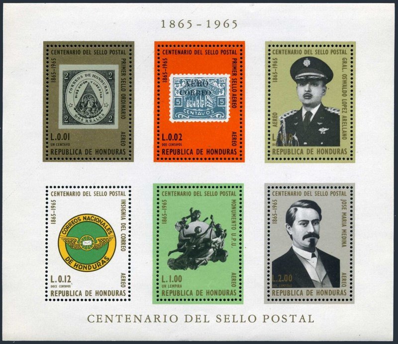 Honduras C403a sheet, MNH. Mi 653-669 Bl.8A. Honduran postage stamp-100, 1966.