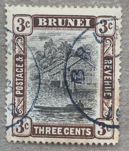 Brunei 1907 3c chocolate; curved blue 1908 cancel. Scott 17, CV $26.00.  SG 25