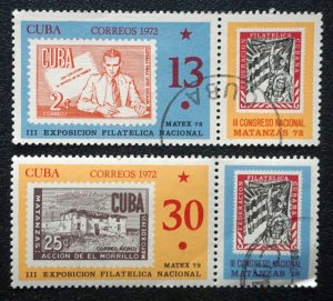 Cuba Sc# 1744-1745  MATEX stamp-on-stamp CPL SET of 2 + 2 labels 1972  used cto