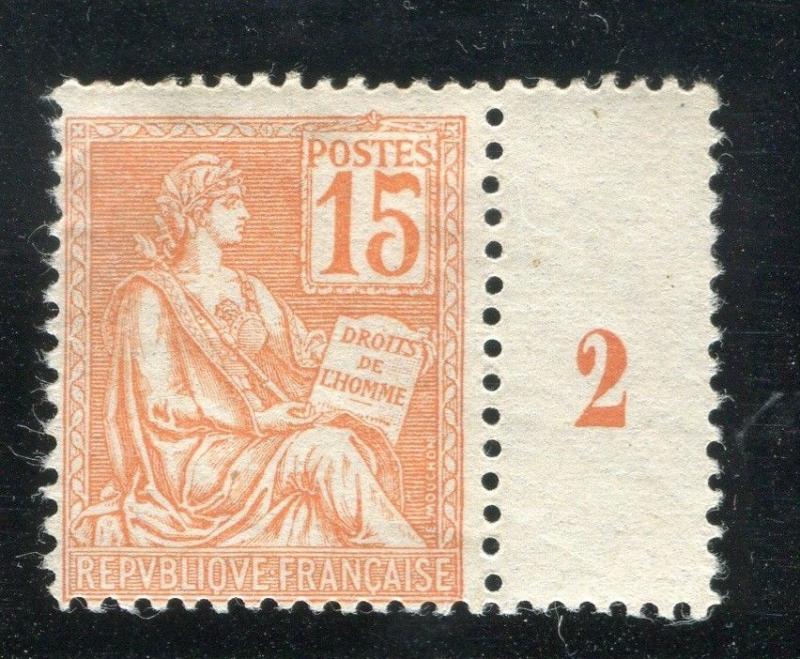 FRANCE; 1900 early Mouchon issue Mint hinged 15c. Marginal value