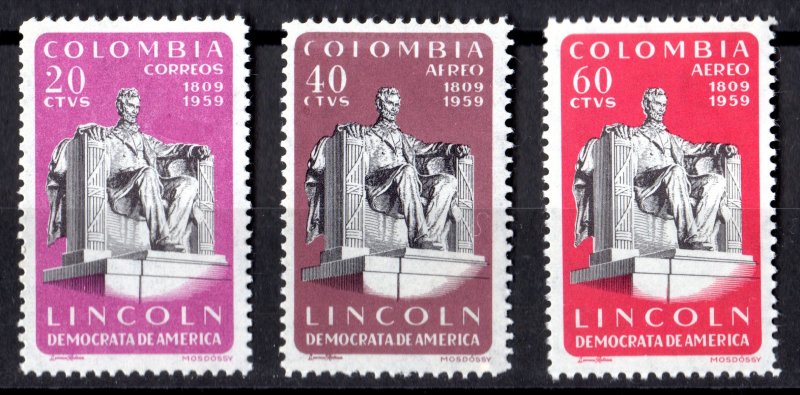 Colombia 1960 Sc#718/C375/C376  LINCOLN STATUE WASHINGTON Set (3) MNH