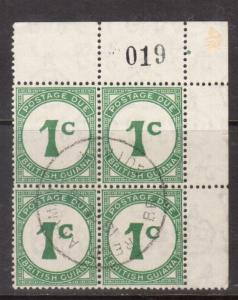 British Guiana #J1 Very Fine Used Corner Block With Plate O19